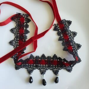 Black Lace & Red Velvet Gothic Choker with Bead Drops